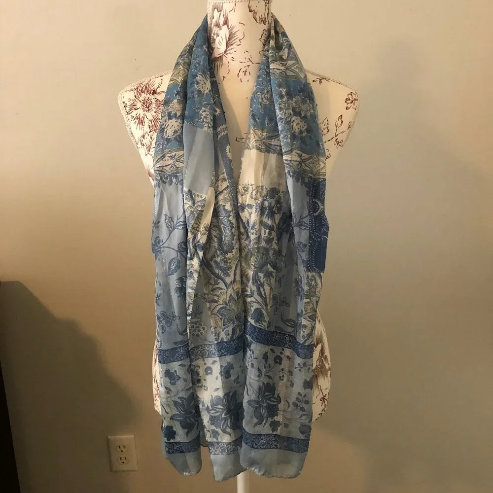 💙 Blue & White Floral Scarf with Metallic Thread | Poetic, Graceful & Timeless